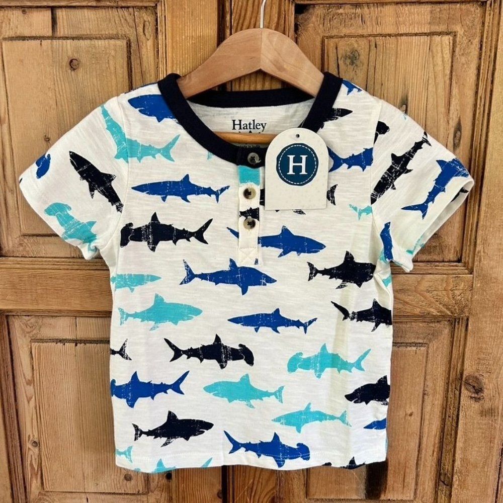 Hatley 2T Shark T-Shirt Blue White Button Chest Short Sleeve Toddler Size 2 Boys